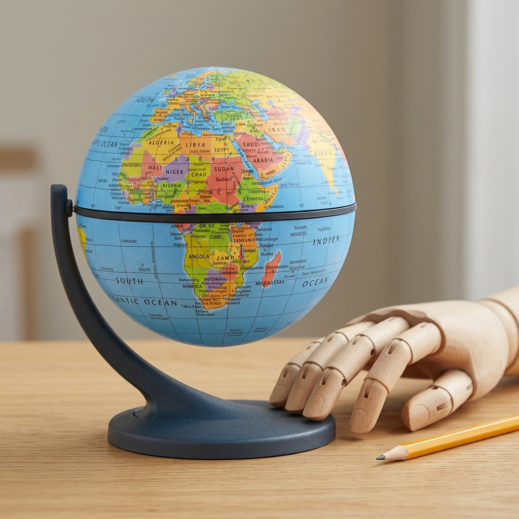 A high-resolution, pure white background product photograph of the Replogle Wonderglobe desk globe, featuring the blue ocean and colorful landmasses, on its dark blue curved stand.