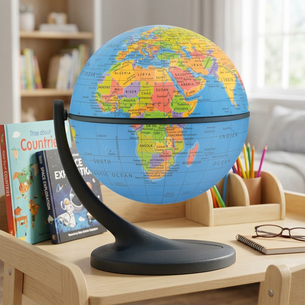 A Replogle Wonderglobe desk globe on a child's bedroom study desk, showing a small-scale, blue ocean design and practical stance for ready learning in a cozy, realistic home setting.