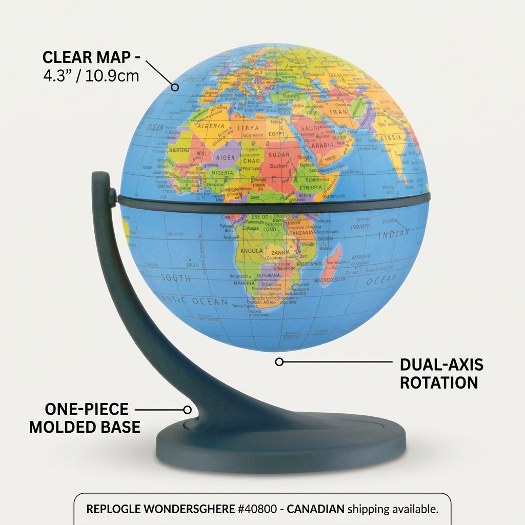 Ecommerce graphic of Replogle 40800 desk globe with callouts for clear map, stability, and rotation.