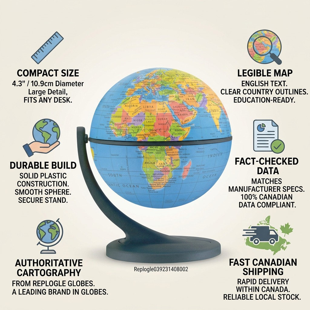 Trust infographic: Replogle Wonderglobe with factual cues and fast Canadian shipping icons.