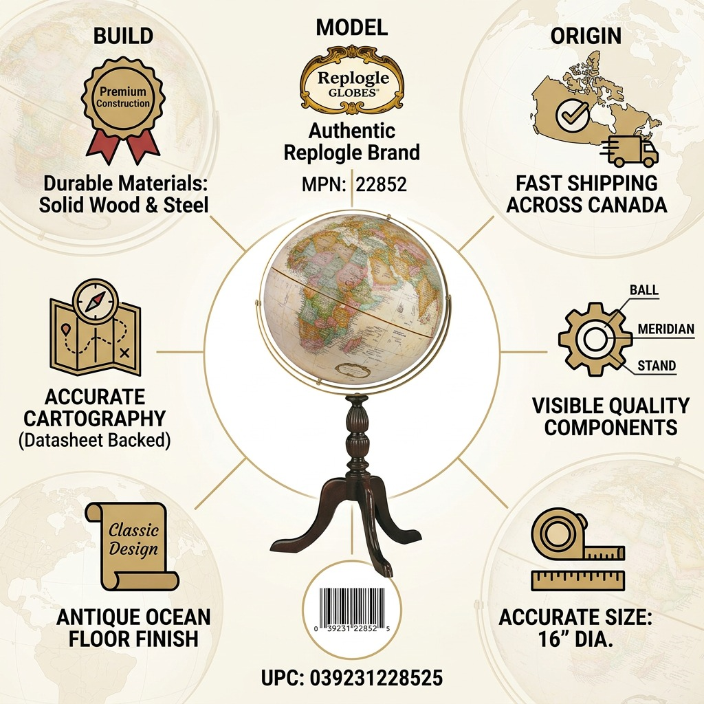 Replogle Globes model 22852 product specs and shipping infographic with icons and text.