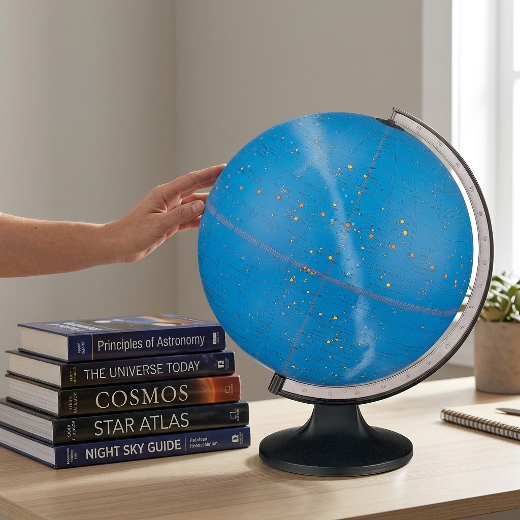 A high-resolution, centered view of the Replogle Globes 12-inch illuminated celestial globe against a pure white background. The globe features a vibrant blue sphere with gold and orange stars, named constellations and lines, the milky way, and major astronomical rings. It's supported by a brushed pewter-finished semi-meridian and a sleek black cast-metal base. Accurately matching the Canonical Product Image with crisp lighting and detail.