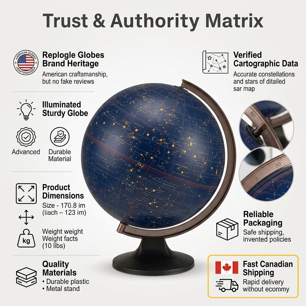 Replogle CONSTELLATION – Globe lumineux bleu — Infographie présentant les caractéristiques
