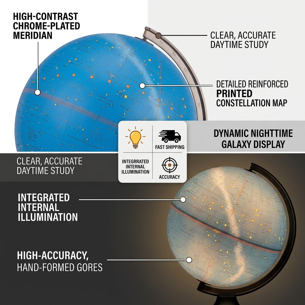 Replogle CONSTELLATION – Globe lumineux bleu — Infographie présentant les caractéristiques