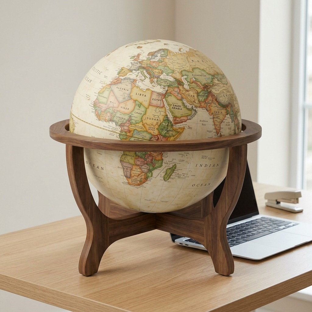 Hero shot of Replogle National Geographic Goodall antique style globe with walnut cradle stand on white background.