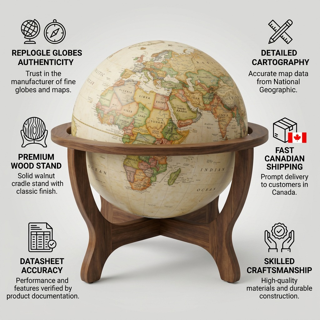 Replogle NG GOODALL – Globe antique — Infographie présentant les caractéristiques