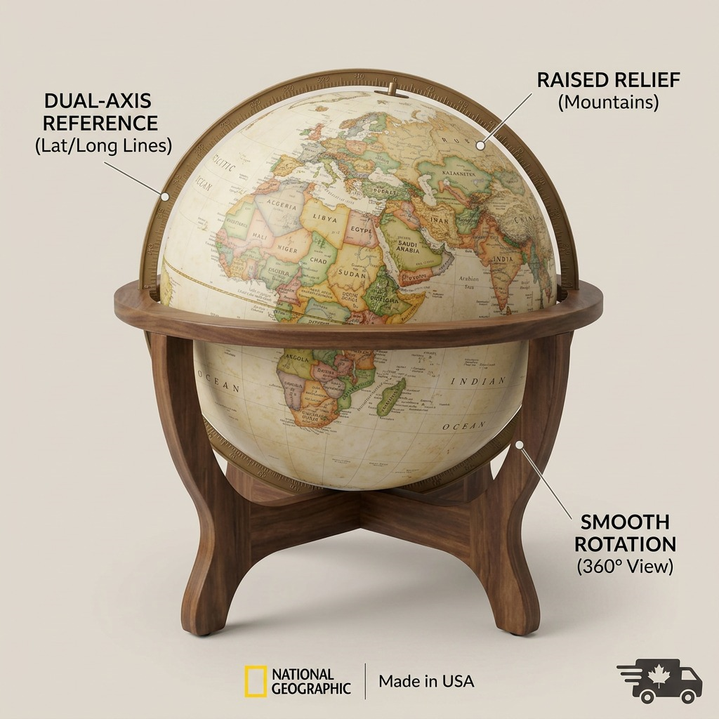 Replogle NG GOODALL – Globe antique — Infographie présentant les caractéristiques