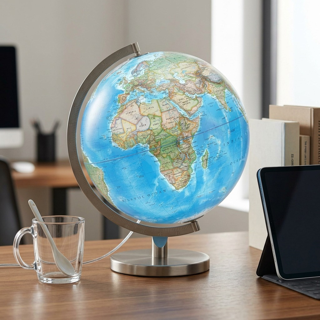 A centered, high-resolution hero shot of the 12"/30Cm Diameter Blue Ocean Illuminated Desk Globe with its distinctive silver-finish meridian and base, isolated on a pure white background.