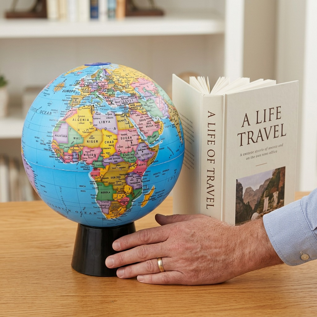 A high-resolution hero shot of the detailed Replogle rotating desk globe on its black conical base against a pure white background.