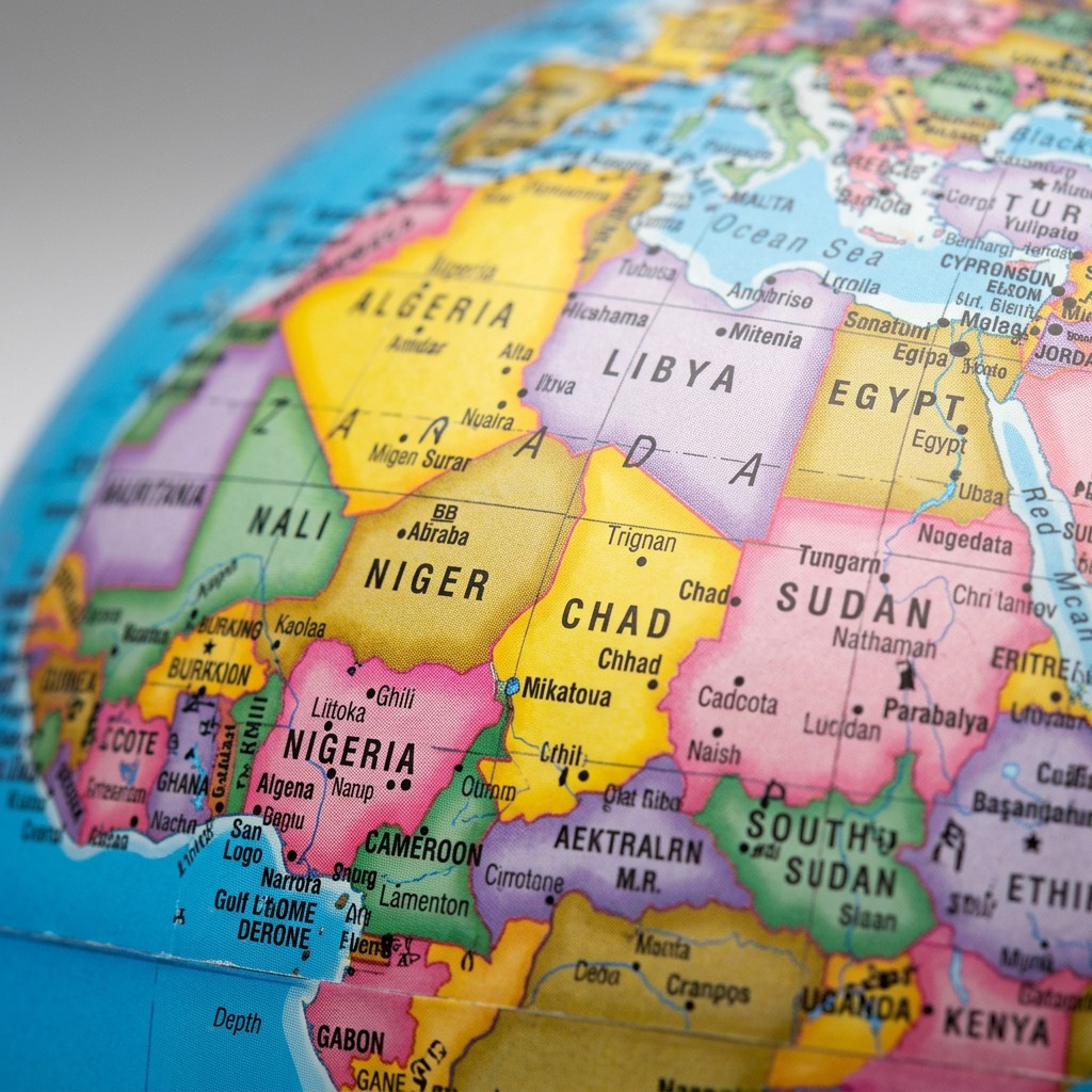 Extreme macro photo showing the detailed typography of African countries and the vibrant cartography on the Replogle desk globe.
