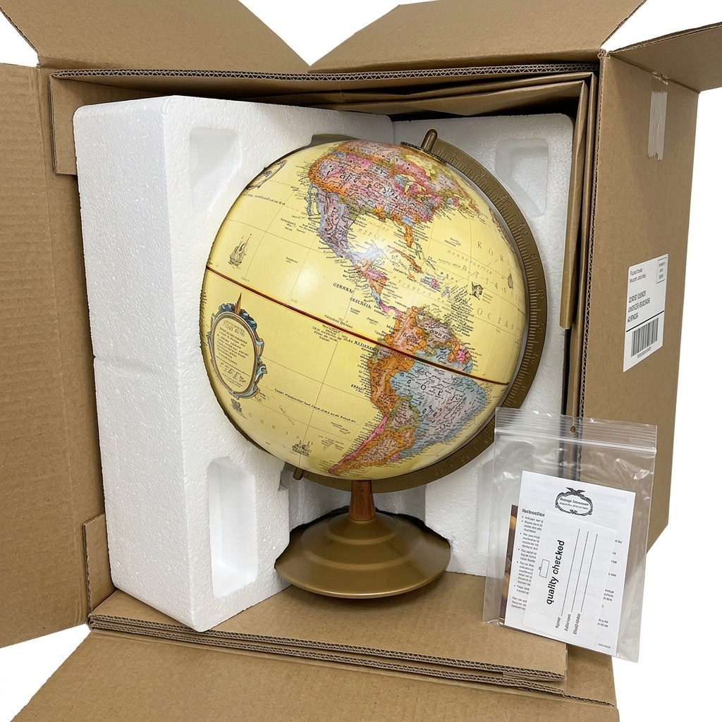 PDP Visual Matrix Image 7: A premium, realistic scene of the Replogle Globemaster globe from image_0.png, protected by form-fitting high-density foam inserts inside a high-quality, generic shipping container, showcasing secure, undamaged delivery and reducing customer anxiety about fragile item shipping. The scene highlights protective materials and a pristine product.