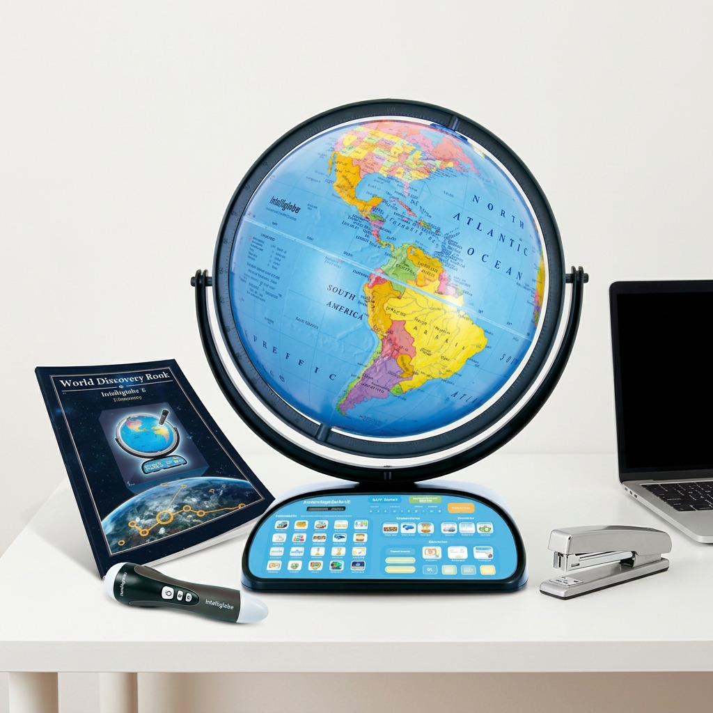 Replogle Intelliglobe interactive earth globe, base, and intelligent pen on white.
