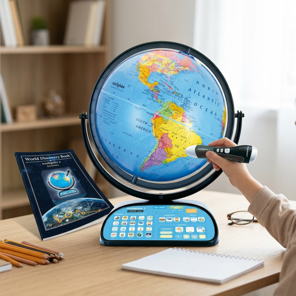 A child interacting with the Replogle Intelliglobe on a study desk, exploring with the pen and book.