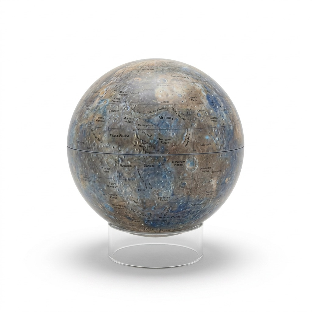 A high-resolution photo of the Replogle Astronomy Magazine Mercury globe on its clear acrylic stand, showing the detailed blue and brown surface.