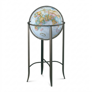 High-resolution hero shot: Replogle Trafalgar blue ocean floor globe on dark bronze stand, centered on white.