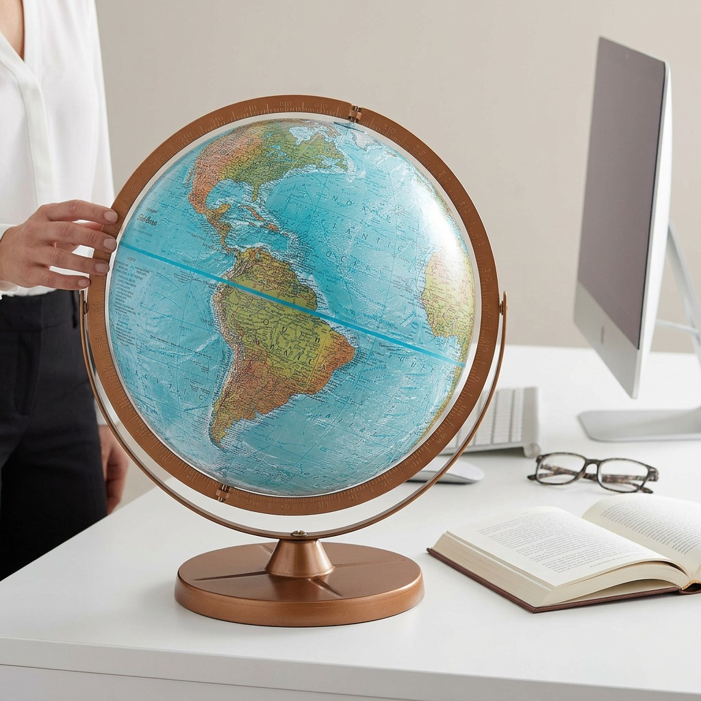 Pure high-resolution hero shot: Replogle Atlantis blue ocean 12" desk globe on copper stand, isolated.