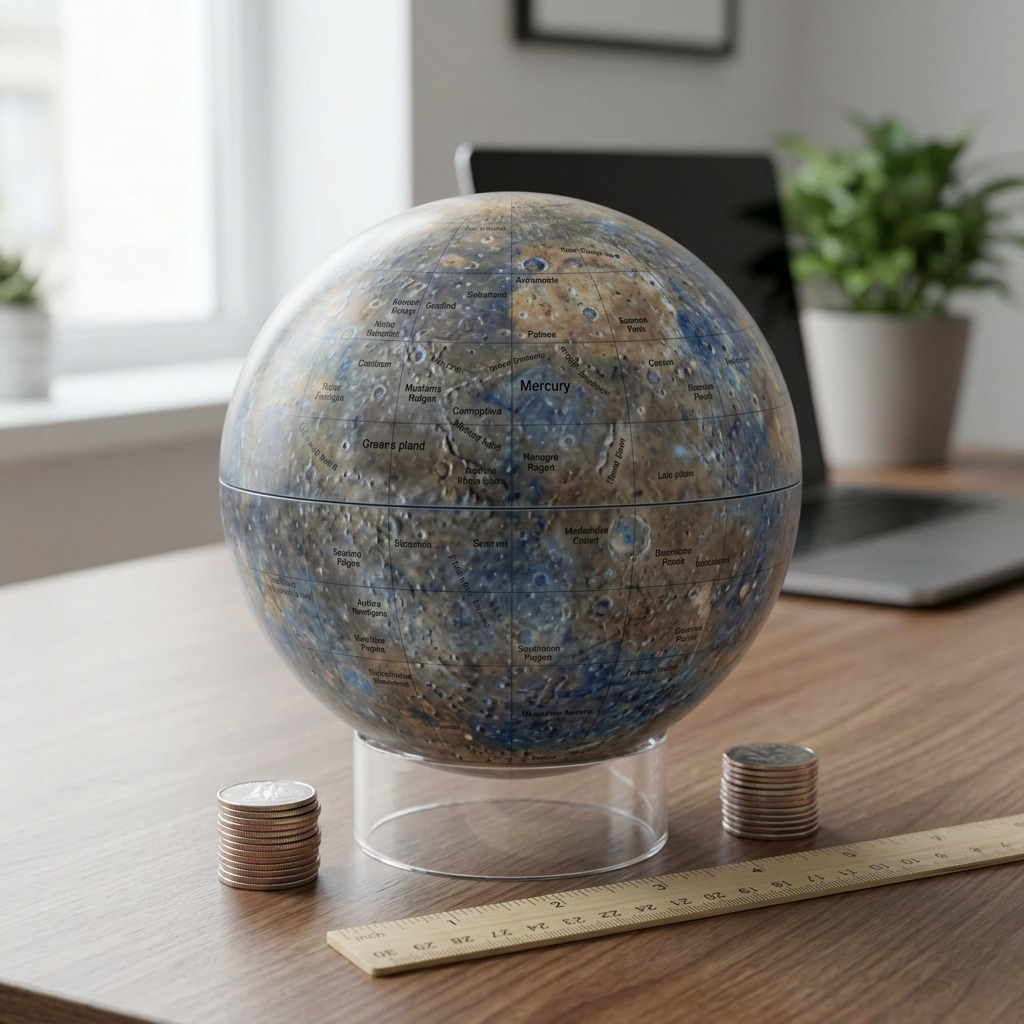 A high-resolution photo of the Replogle Astronomy Magazine Mercury globe on its clear acrylic stand, showing the detailed blue and brown surface.