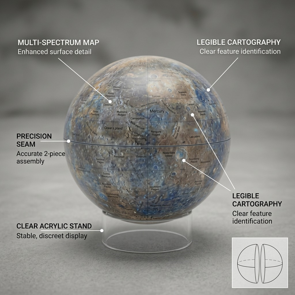 Replogle Astro MERCURY – Globe multicolore — Infographie présentant les caractéristiques