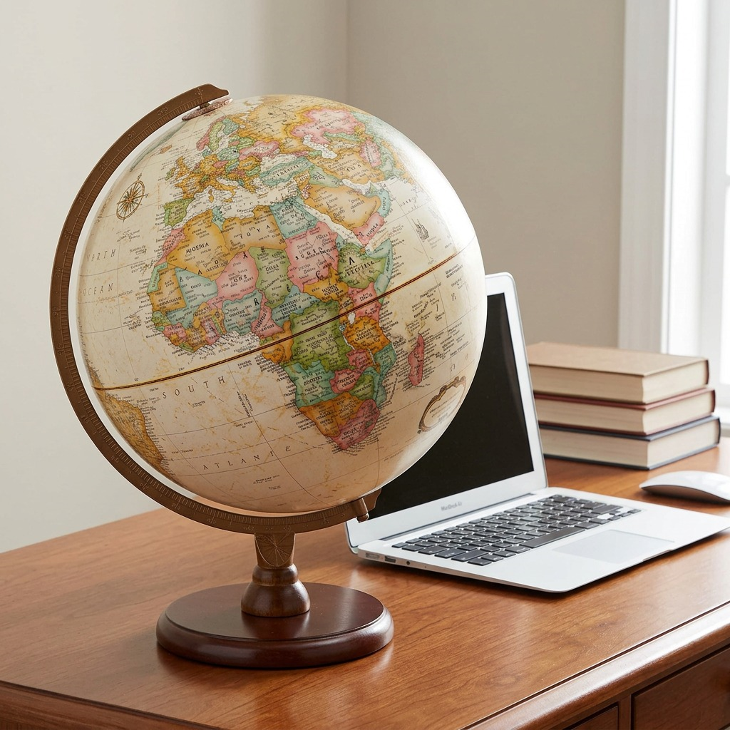 Replogle Hastings Antique Ocean Desk Globe on Cherry-Finished 2-Tier Wood Base.