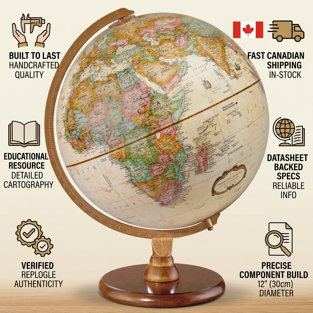 Replogle Hastings – Globe de bureau 12 po antique EN — Infographie présentant les caractéristiques