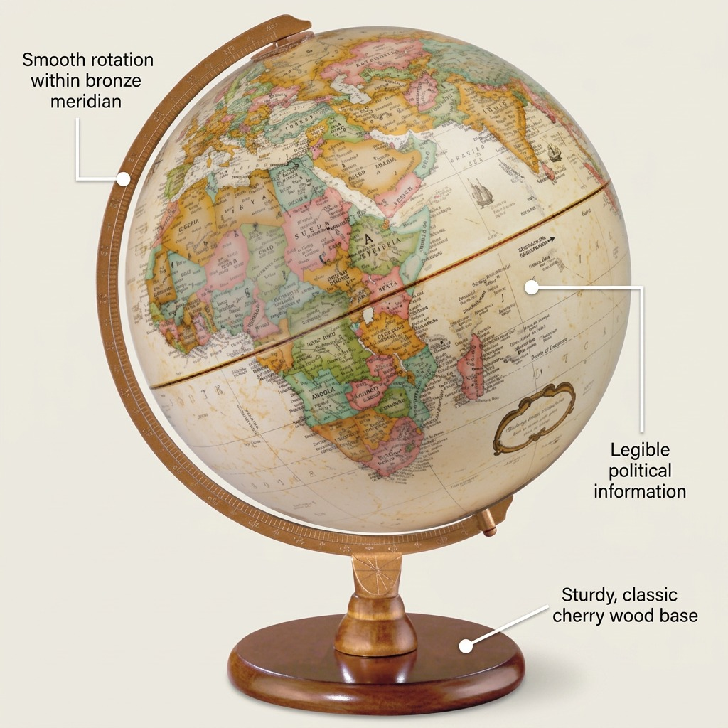Replogle Hastings – Globe de bureau 12 po antique EN — Infographie présentant les caractéristiques