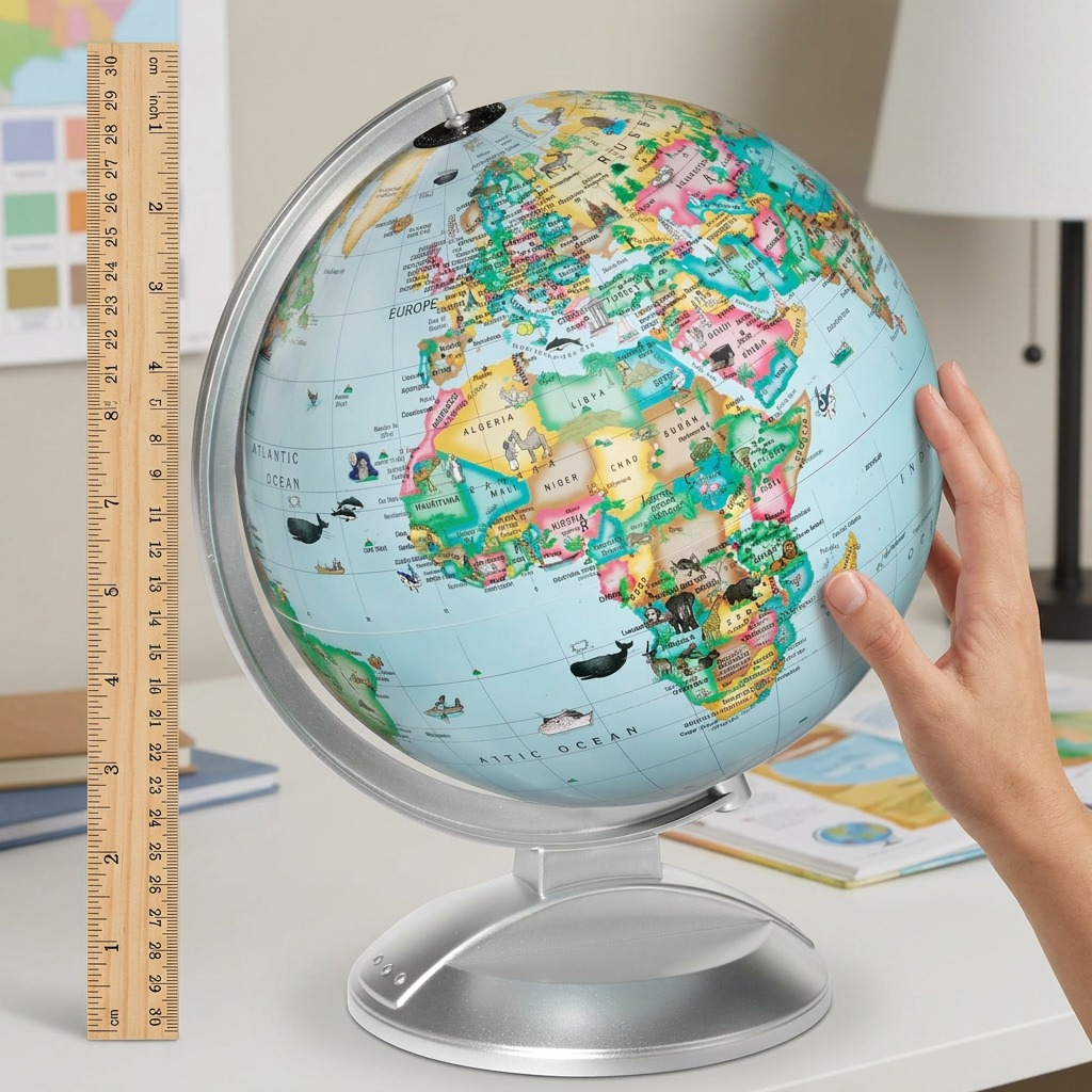 High-resolution hero shot of the 10-inch French Replogle Globe 4 Kids with dinosaur, astronaut, and landmarks, on a clean white background.