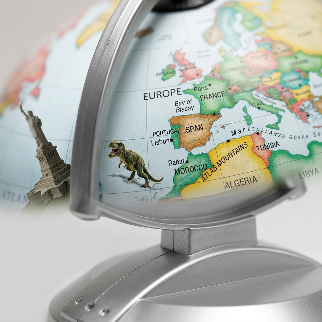 Detailed macro photograph focusing on the textured surface and silver stand of the Globe 4 Kids.