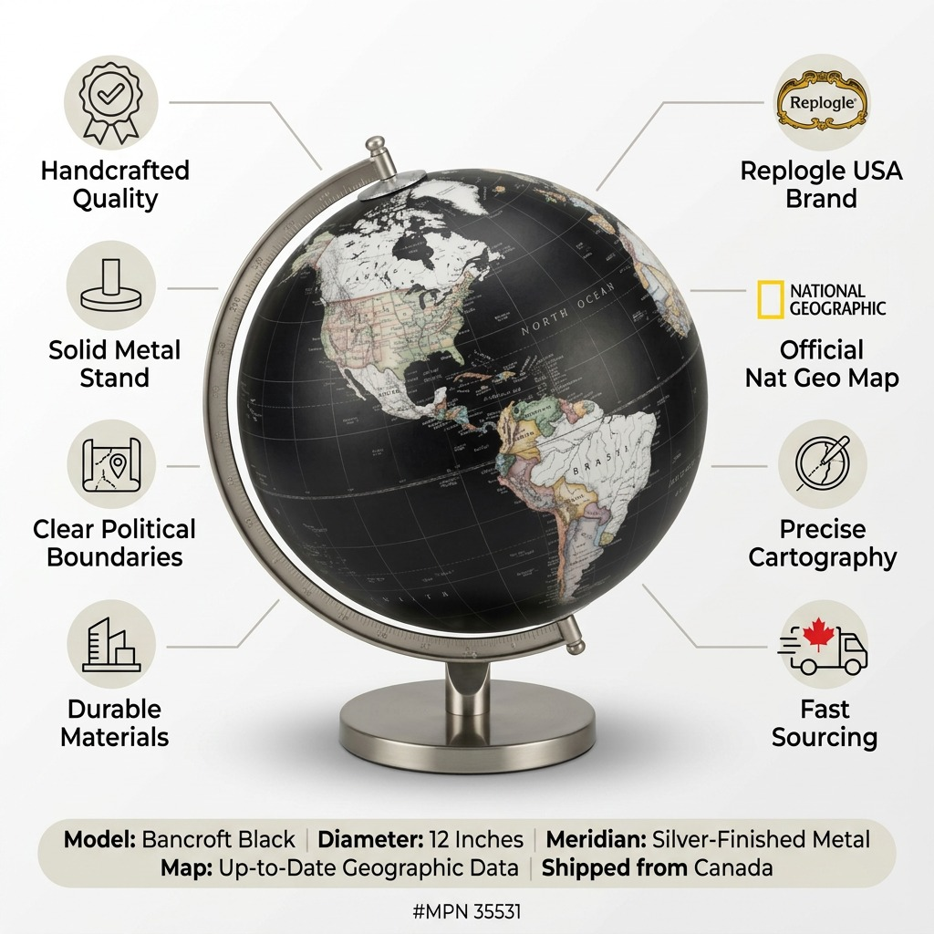 Replogle NG BANCROFT – Globe noir — Infographie présentant les caractéristiques