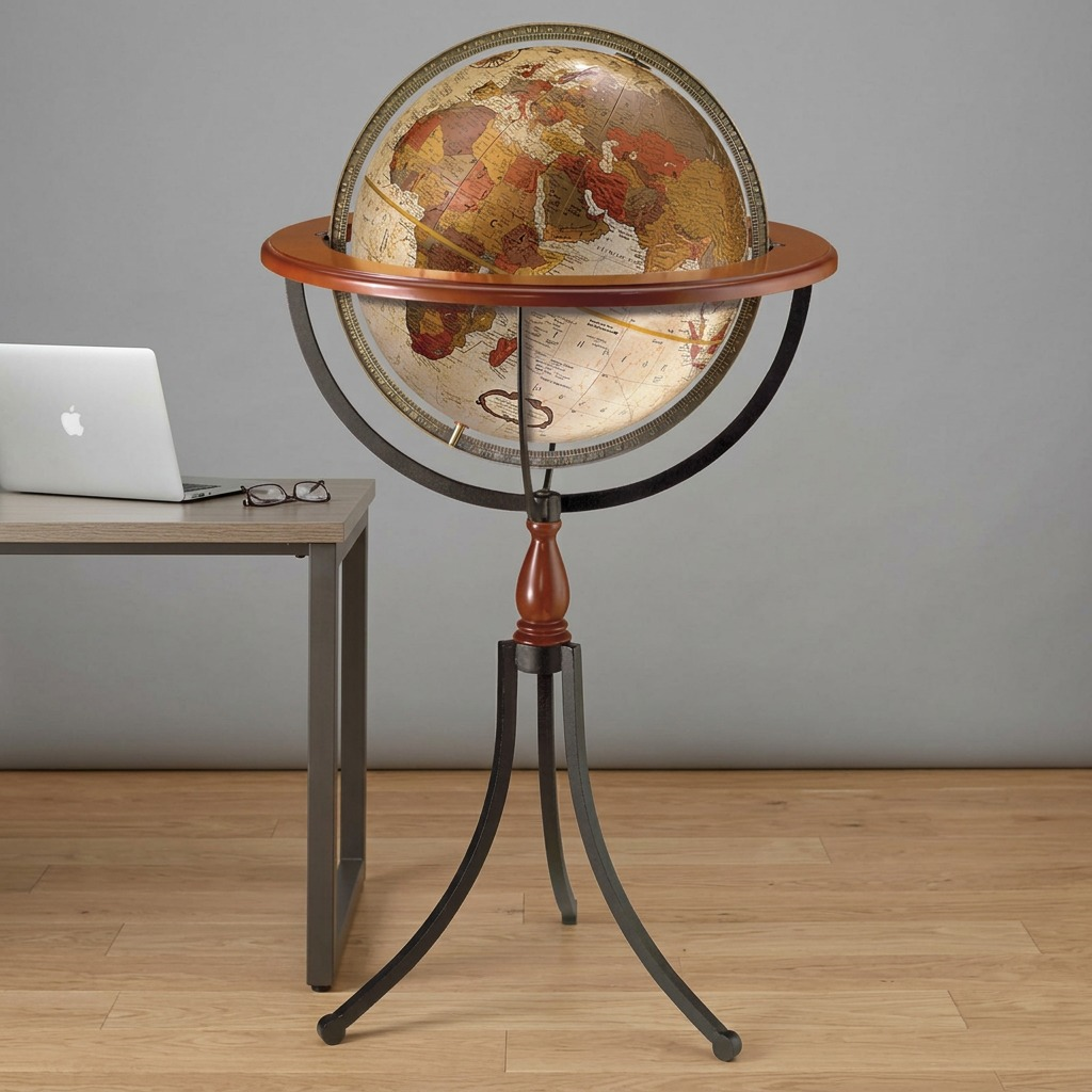 Replogle Santa Fe 16-inch floor globe with an antique-style map on a wrought iron tripod stand.