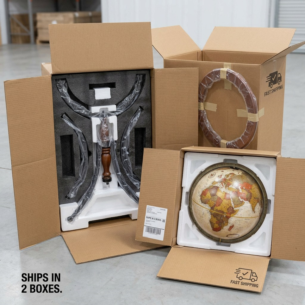 Replogle Santa Fe – Globe sur pied 16 po antique EN — Présentation du produit et de son emballage
