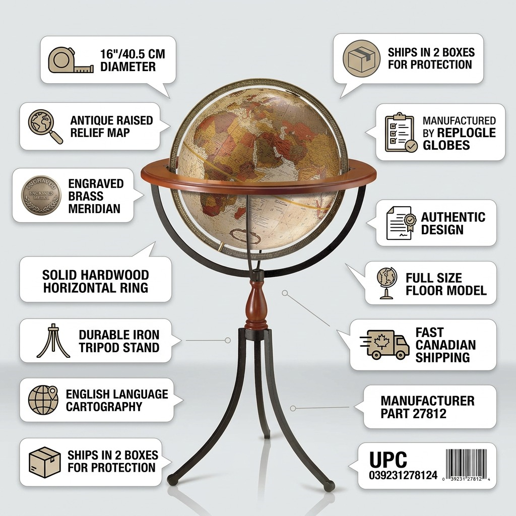 Replogle Santa Fe – Globe sur pied 16 po antique EN — Infographie présentant les caractéristiques