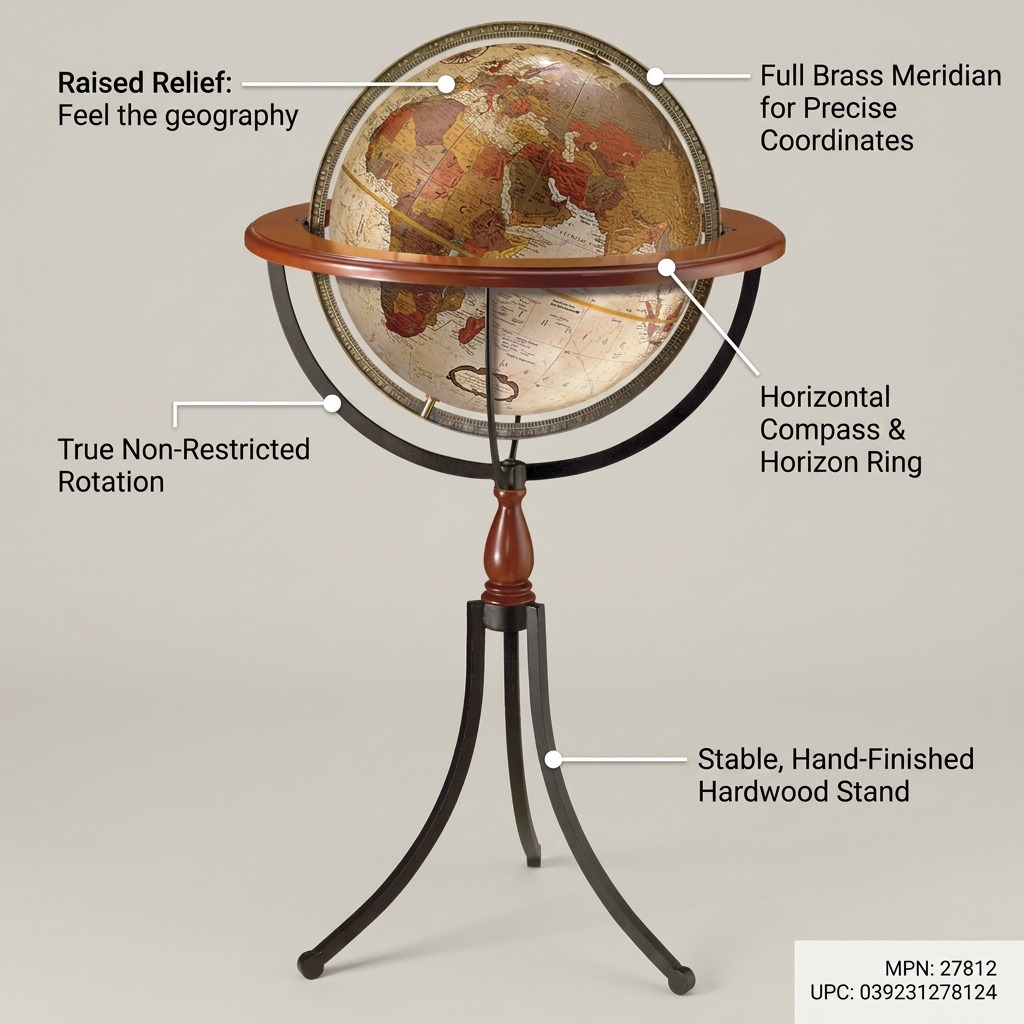 Replogle Santa Fe – Globe sur pied 16 po antique EN — Infographie présentant les caractéristiques