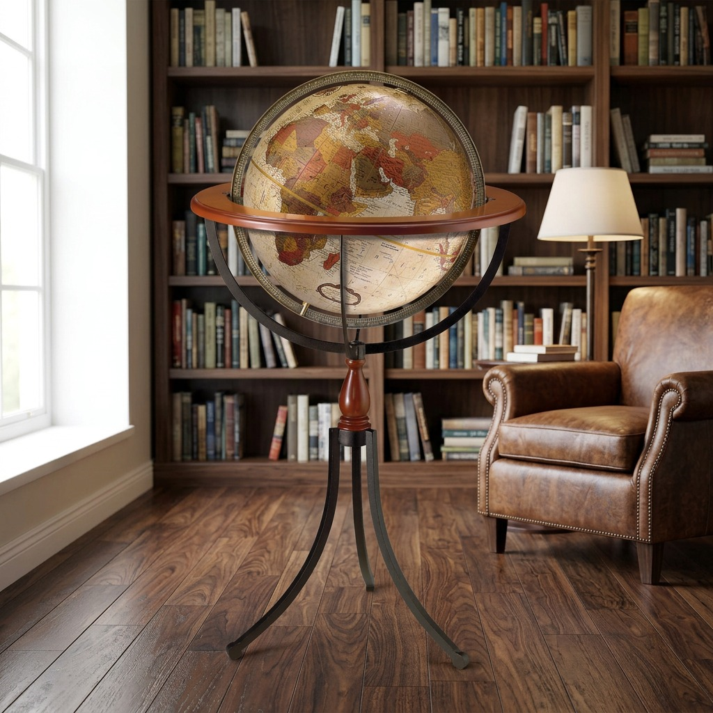 Replogle Santa Fe – Globe sur pied 16 po antique EN — Présentation dans un décor de bureau ou de maison