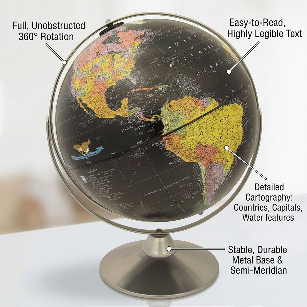 Feature infographic of the Replogle Starlight globe highlighting easy rotation, durable base, and detailed, legible cartography.