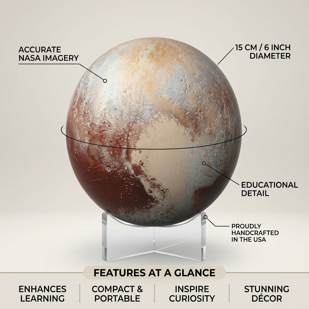 Replogle Astro PLUTO – Globe 6 po multicolore — Infographie présentant les caractéristiques