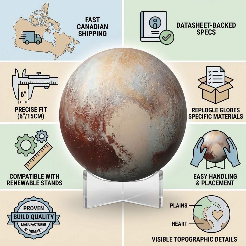 Replogle Astro PLUTO – Globe 6 po multicolore — Infographie présentant les caractéristiques