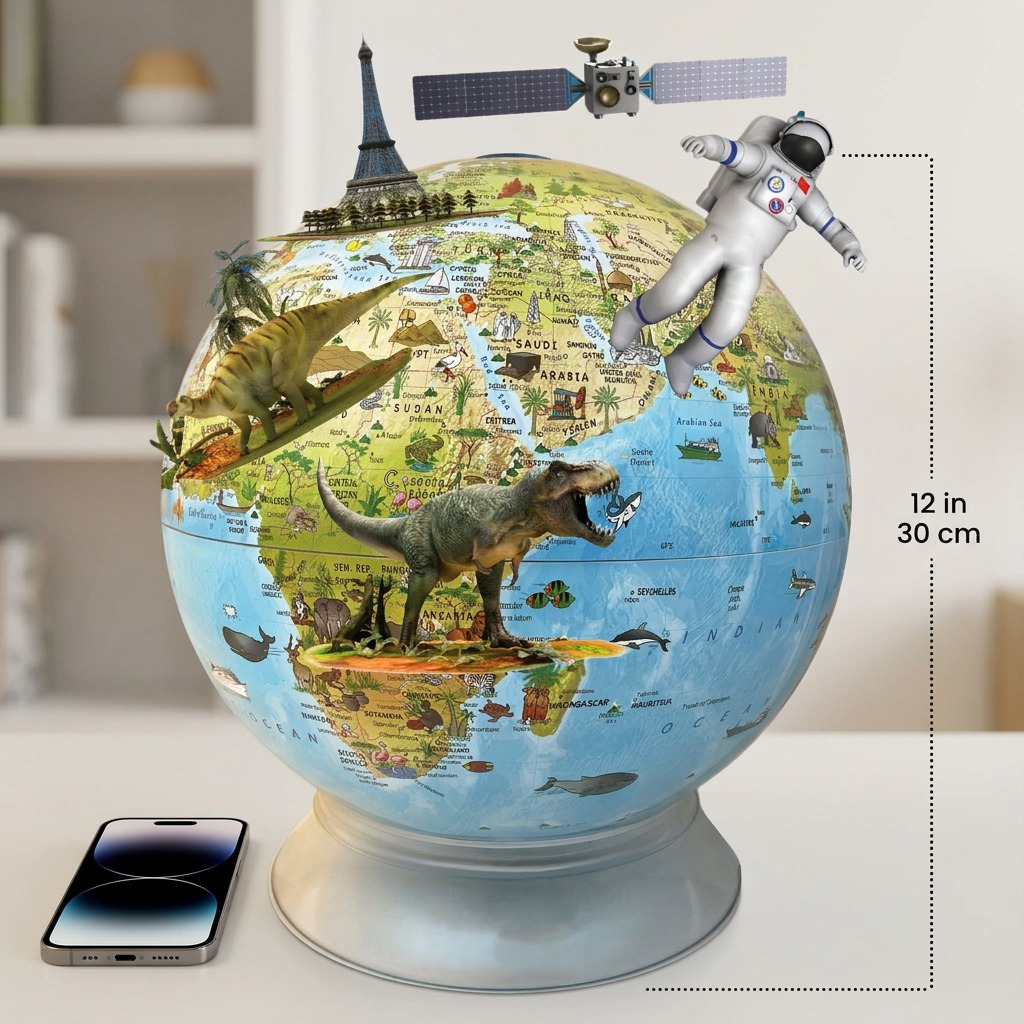 High-resolution 12-inch Replogle Day/Night Kids Globe with unique dinosaur and space details on a clear acrylic base, for ecommerce listing.
