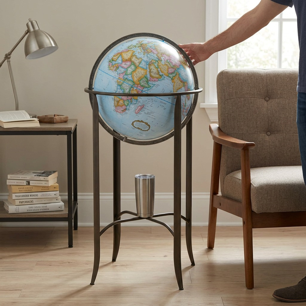 High-resolution hero shot: Replogle Trafalgar blue ocean floor globe on dark bronze stand, centered on white.