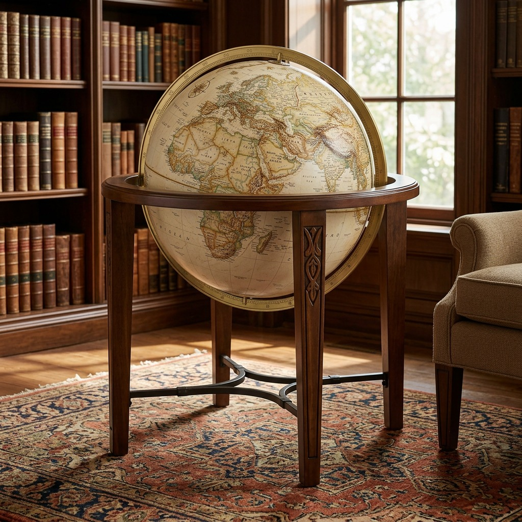 Pure. high-resolution hero shot of the Replogle Globes Jameson floor globe on its walnut stand.