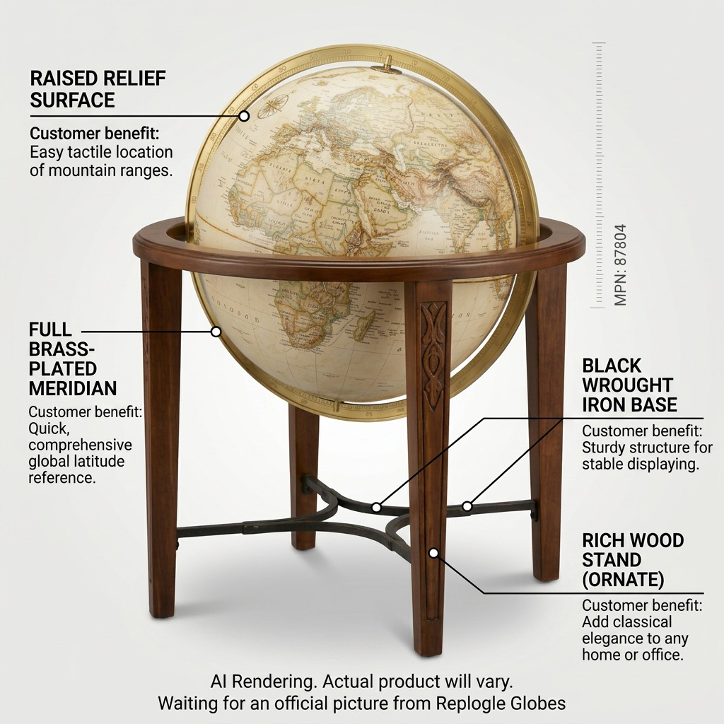 Replogle NG Jameson – Globe sur pied 16 po antique EN — Infographie présentant les caractéristiques