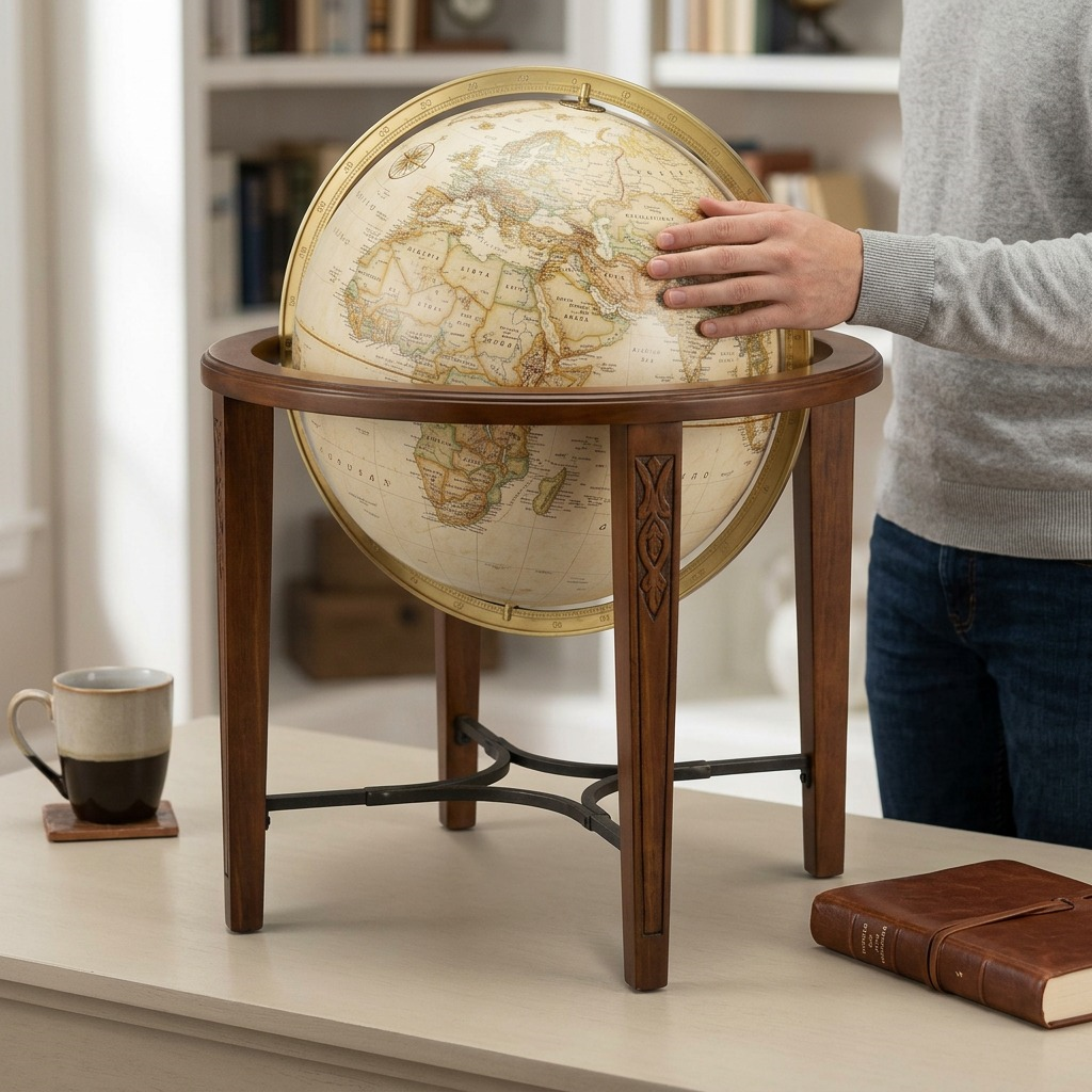 Replogle NG Jameson – Globe sur pied 16 po antique EN — Vue du produit avec repère de taille
