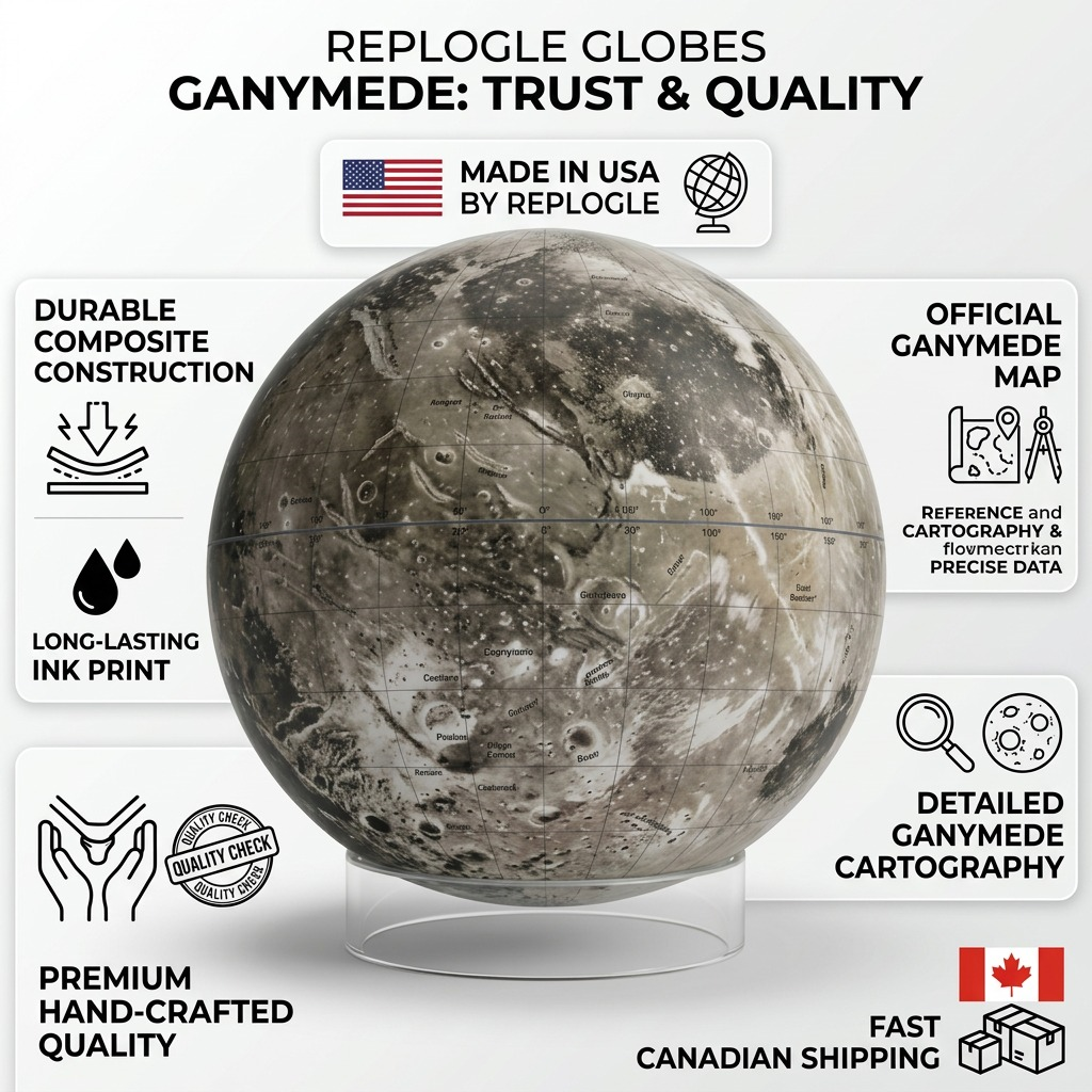 Replogle Astro GANYMEDE – Globe multicolore — Infographie présentant les caractéristiques
