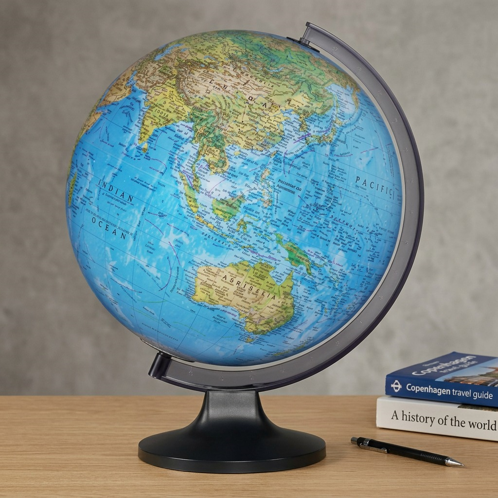 Replogle Copenhagen 12" Blue Ocean Illuminated Desk Globe with French headings.