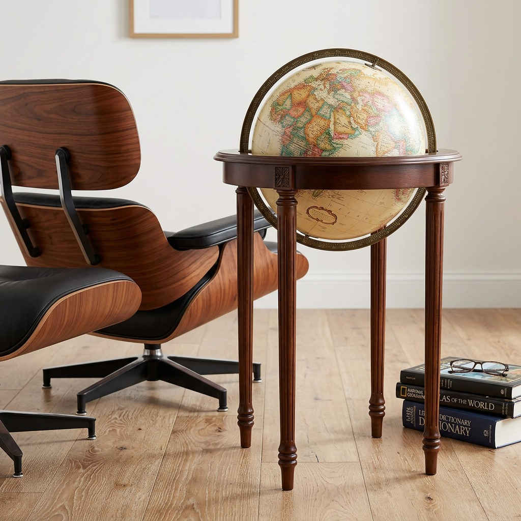 Replogle Regency floor globe on a dark cherry wood stand, isolated on a pure white background.
