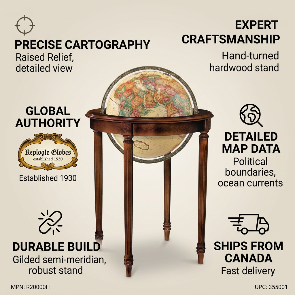 Replogle Regency – Globe sur pied 16 po antique EN — Infographie présentant les caractéristiques