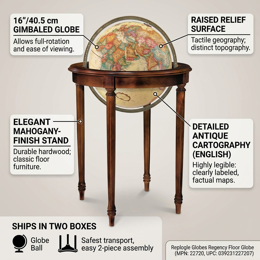 Replogle Regency – Globe sur pied 16 po antique EN — Infographie présentant les caractéristiques