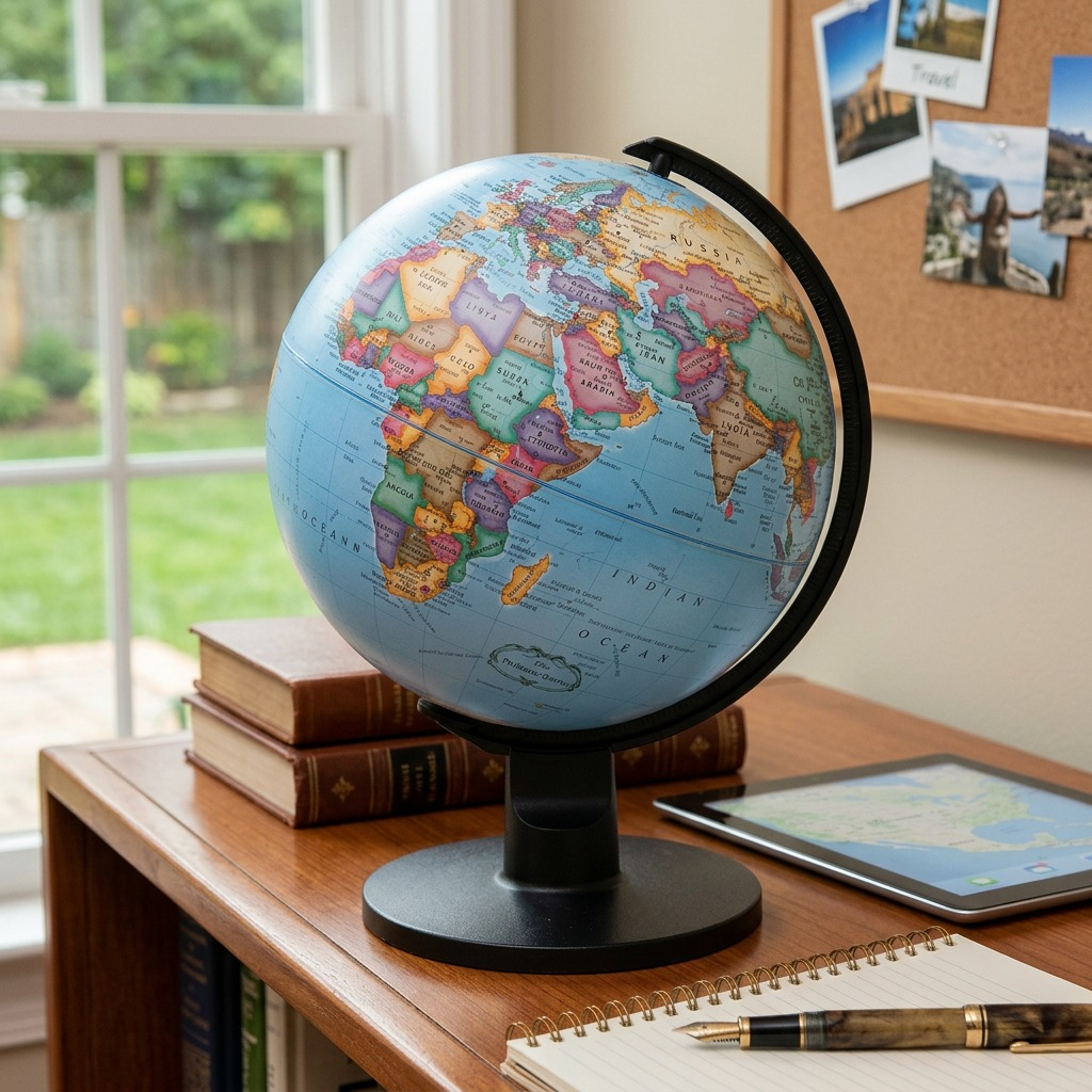 Replogle Trekker 6-inch Diameter Blue Ocean Desk Globe (French version) on a black stand, isolated on a white background.