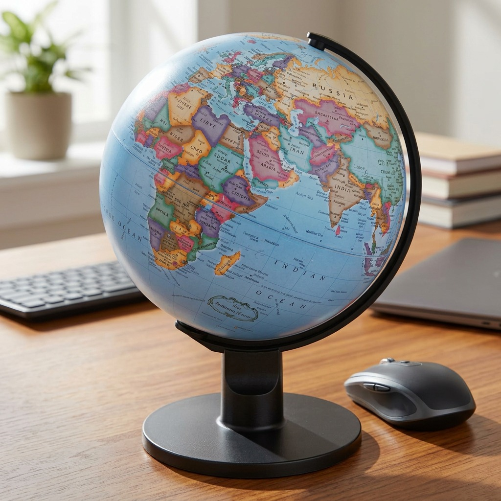 Replogle Trekker – Globe de bureau 6 po bleu FR — Vue du produit avec repère de taille