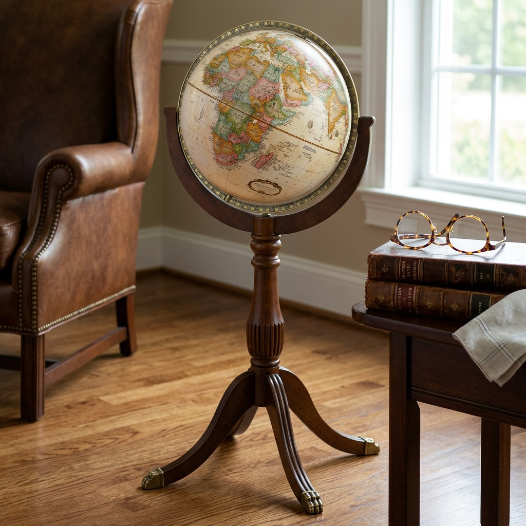 Replogle Sherbrooke 16-inch floor globe with antique ocean and wooden stand on white background.