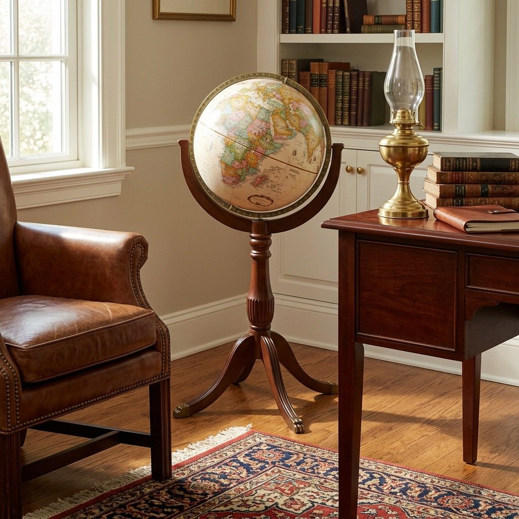 Replogle Sherbrooke – Globe sur pied 16 po antique EN — Vue du produit avec repère de taille